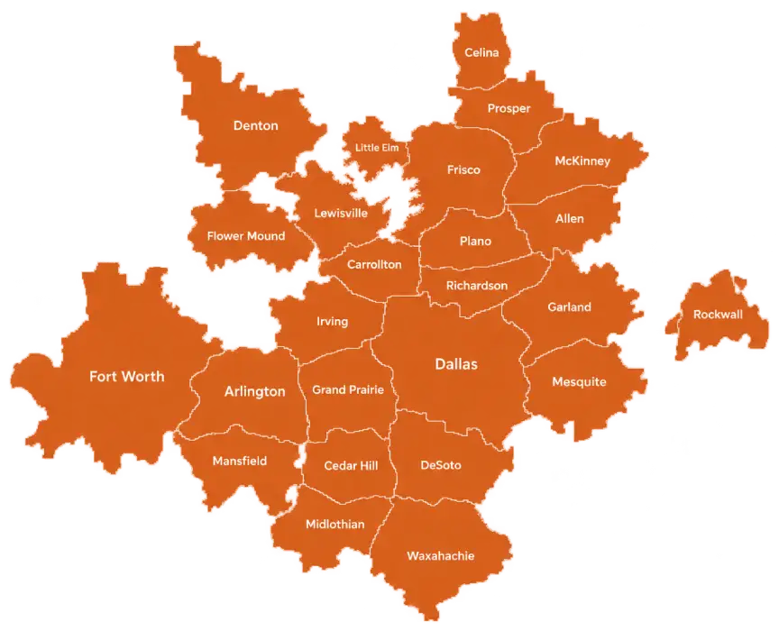 Map of Dallas-Fort Worth service areas served by Local Success Group, including Dallas, Fort Worth, Arlington, Plano, Frisco, and 20+ surrounding cities.